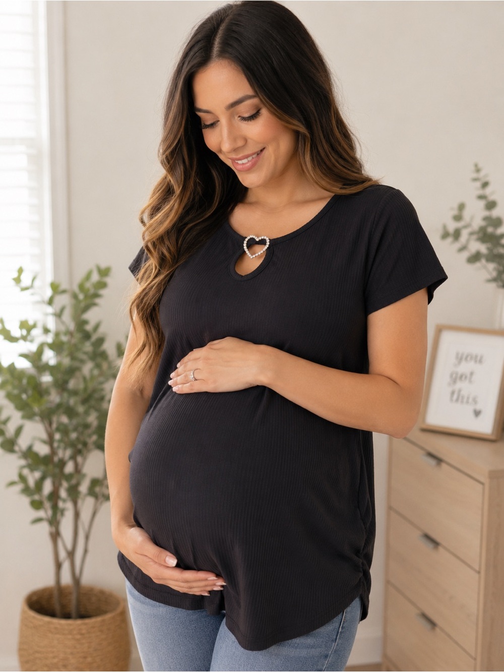 Free Kisses Black Ribbed Heart Rhinestone Maternity Top L
